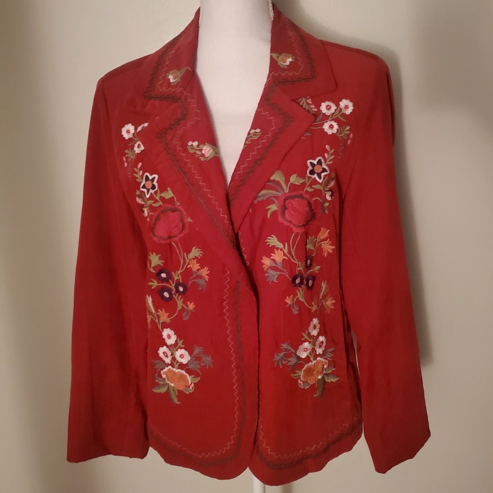 Christopher & Banks Boho Red Corduroy Floral Embroidered Blazer Jacket Pockets M